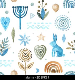 Aquarell nahtlose Muster Folk floral, Tiere Elemente handbemalt skandinavischen Stil, Boho Regenbogen Kinder-Design. Stockfoto