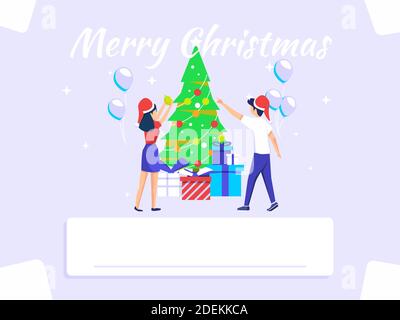 Grußkarte zum neuen Jahr. Die Leute bereiten eine Weihnachtsfeier vor. Feiern Sie das Fest des Jahres 2021. Weihnachtsplakate, Banner, Deckkarten, Broschüren, Flyer Stock Vektor