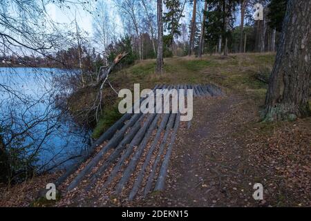 Holzbrücke aus großen Baumstämmen auf einer Waldstraße an einem bewölkten Herbsttag. Stockfoto