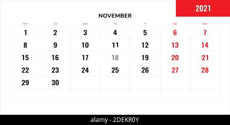November-Monat für 2021-Jahres-Planung Kalender. Vektorgrafik. Stock Vektor