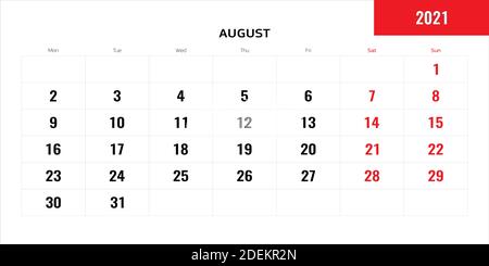 August Monat für 2021-Jahres-Planung Kalender. Vektorgrafik. Stock Vektor