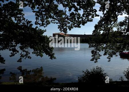 Reich Kongresshalle oor Kongresshalle und das Dokumentationszentrum auf dem ehemaligen Reichsparteitagsgelände in Nürnberg, Bayern Region in Deutschland Stockfoto