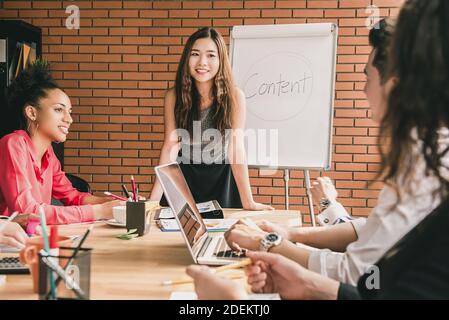 Asiatische weibliche Geschäftsfrau Leiter der Durchführung der Sitzung mit ihr Vielethische Kollegen im Büro Stockfoto