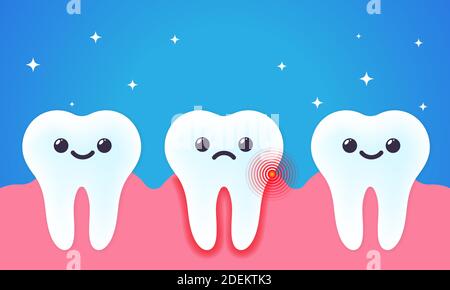 Abbildung Zahnschmerzen. Karies. Schlechte ungesunde und gesunde Zähne. Zahnpflegekonzept. Vektor auf isoliertem Hintergrund. EPS 10. Stock Vektor