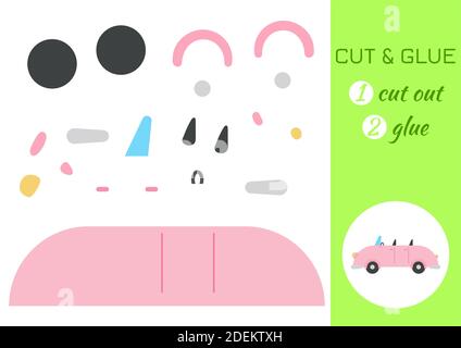 Schneiden und kleben Papier Auto. Farbe Papier schneiden Anwendung Spiel. Pädagogisches Spiel für Vorschulkinder. Arbeitsblatt zur DIY-Aktivität. Stock Vektor