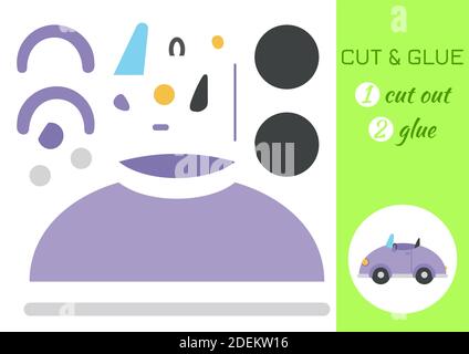 Schneiden und kleben Papier Auto. Farbe Papier schneiden Anwendung Spiel. Pädagogisches Spiel für Vorschulkinder. Arbeitsblatt zur DIY-Aktivität. Stock Vektor