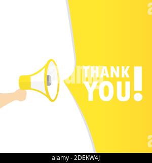 Hand hält Megaphon mit Dankesnachricht. Ankündigung. Lautsprecher. Banner für Business, Marketing und Werbung. Vektor auf isoliertem Backgroun Stock Vektor