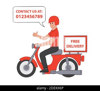 Deliveryman auf dem Motorrad gibt einen Daumen nach oben. Konzept der flachen Vektordarstellung. Schnellimbiss-Kurierdienst. Isoliert auf weißem Hintergrund. Stock Vektor