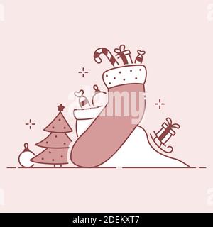 Socke, Süßigkeiten, Geschenke, Weihnachtsbaum und Dekorationen Winter Urlaub Komposition. Weihnachten oder Neujahr flache Illustration. Stock Vektor