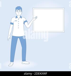 Guy zeigt mit der Hand auf ein leeres Whiteboard, ein Mann zeigt einen Bericht. Vektorgrafik im flachen Stil. Stock Vektor