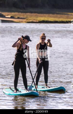 Zwei weibliche Urlauber stehen auf Stand Up Paddleboards und paddeln den Gannel River in Newquay in Cornwall hinauf. Stockfoto