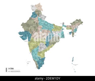 Indien hat detaillierte Karte mit Unterteilungen. Verwaltungskarte von Indien mit Bezirken und Städten Namen, von Staaten und Verwaltungsbezirken gefärbt. Stock Vektor