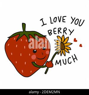 Ich liebe Sie Beere viel, Erdbeere geben Sonnenblume Cartoon Vektor Illustration Stock Vektor