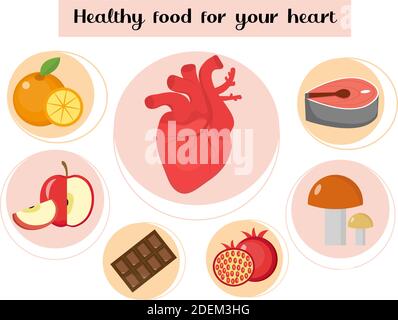 Infografik: Gesunde Ernährung für Ihr Herz. Konzept von Lebensmitteln und Vitaminen, Medizin, Herzerkrankungen Prävention. Vektorgrafik Stock Vektor