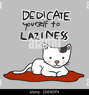 Widmen Sie sich Faulheit, Katze sitzt auf roten Kissen Cartoon-Vektor-Illustration Stock Vektor