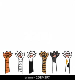 Katze Pfote Cartoon auf weißem Hintergrund mit Kopie Raum Vektor Illustration Doodle Stil Stock Vektor