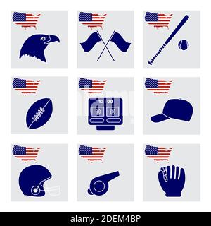 Vektor-Illustration USA Set amerikanischen nationalen Symbole Adlerkopf, Baseballschläger, Handschuh, Ball, Kappe, Rugby-Ball, Helm, Anzeigetafel, Pfeife. Beliebte spo Stock Vektor