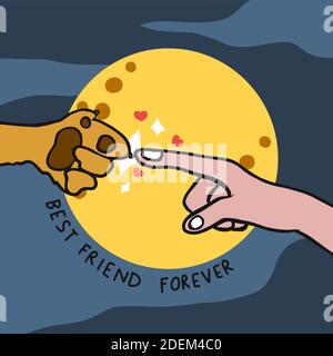 Hundepfote und menschlicher Finger vor Vollmond-Cartoon, Best friend forever Vektor-Illustration Stock Vektor