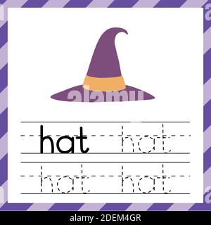 Tracing Arbeitsblatt mit dem Wort - hat. Phonisches Lernmaterial oder Flashcard für Kinder Stock Vektor