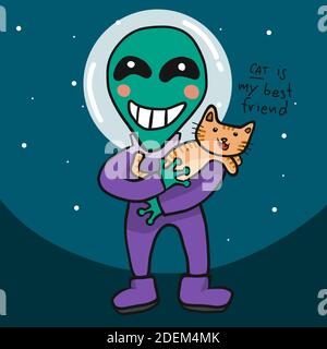 Alien umarmt Katze, Katze ist mein bester Freund Cartoon Vektor Illustration Stock Vektor