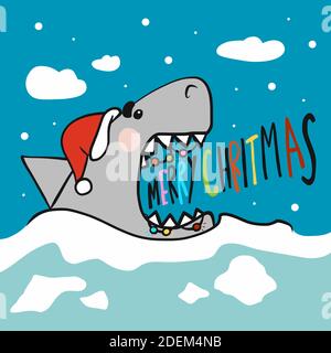 Shark Santa schreien Merry Weihnachten Cartoon Vektor-Illustration Stock Vektor
