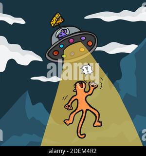 Alien Ratte Kidnap Katze im gelben Licht Cartoon Vektor Illustration Stock Vektor