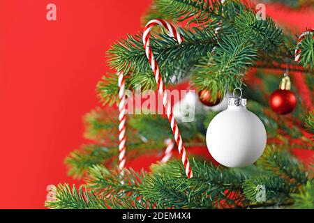 Nahaufnahme von geschmückten Weihnachtsbaum mit weißen und roten saisonale Baumschmuck wie Kugeln und Zuckerstangen auf rotem Hintergrund Stockfoto