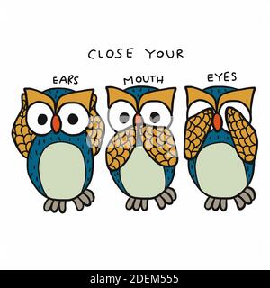 Eule schließen Ohren, Mund und Augen Cartoon-Vektor-Illustration Stock Vektor