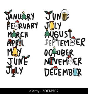 Januar bis Dezember Wort Cartoon Doodle Set Vektor Illustration Stock Vektor