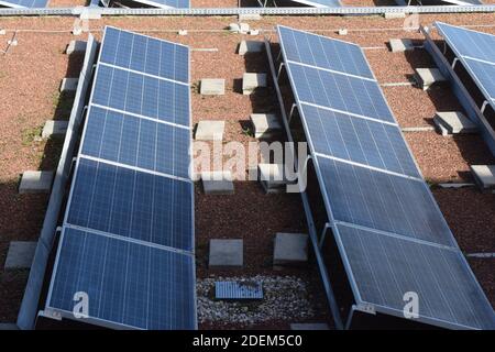Solarkollektorfeld und Photovoltaik zur Erzeugung nachhaltiger Energie und Leistung Stockfoto