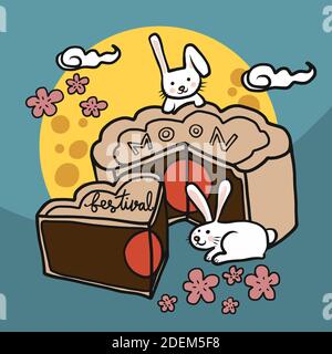 Mooncake Festival, Kaninchen spielen auf Mondkuchen und Vollmond Cartoon Vektor Illustration Stock Vektor