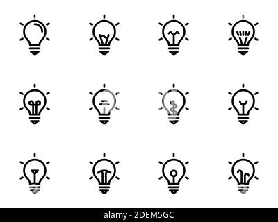 Satz schwarzer Vektorsymbole, isoliert vor weißem Hintergrund. Illustration zu einem Thema Glühbirne Stock Vektor