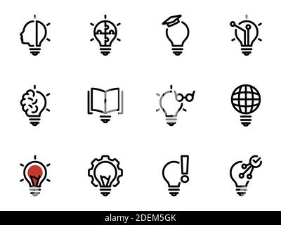 Satz schwarzer Vektorsymbole, isoliert vor weißem Hintergrund. Illustration zu einem Thema Kreative Lichtquelle, Warnung, Tuning und Verwendung von intelligenten Glühbirnen Stock Vektor