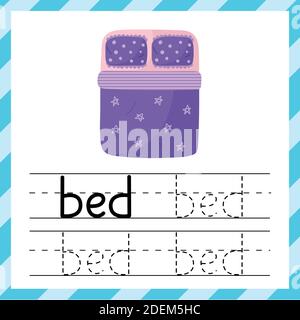 Ablaufverfolgungsarbeitsblatt mit dem Wort - Bett. Lernmaterial oder Flashcard für Kinder Stock Vektor