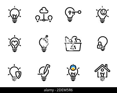 Satz schwarzer Vektorsymbole, isoliert vor weißem Hintergrund. Illustration zum Thema Smart Glühbirnen sind Teil eines Smart Home. Stock Vektor