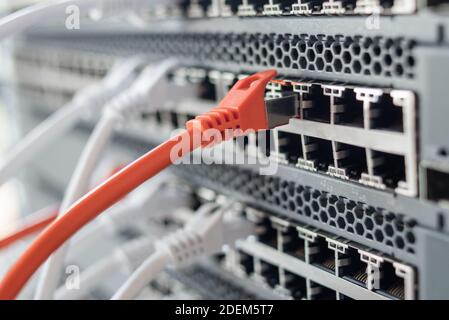 Funktionierende Switches im Rechenzentrum mit weißen und roten Kabeln Stockfoto