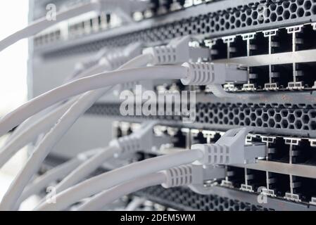 Funktionierende Switches im Rechenzentrum mit weißen Kabeln Stockfoto