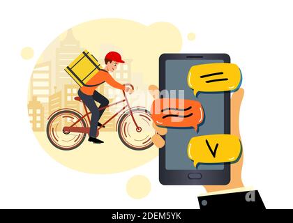 Eine Online-Bestellung für die Lieferung von Waren oder Lebensmitteln. Courier geht durch die Stadt und liefert die Bestellung an den Käufer. Vektor-Illustration. Lieferung Kerl. Lieferg Stock Vektor
