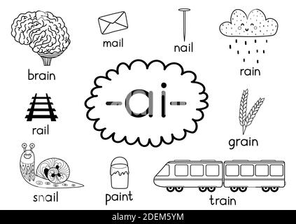 Lernen ai digraph. Phonics für Kinder. Schwarz-Weiß-Schulungsplakat Stock Vektor