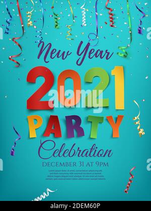Silvester 2021 Party Poster Vorlage mit Konfetti und bunten Bändern auf blauem Hintergrund. Stock Vektor