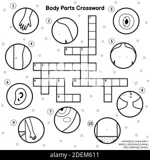 Schwarz-weiß Körperteile Kreuzworträtsel. Meine Körper lernen Aktivität und Färbung Seite Stock Vektor