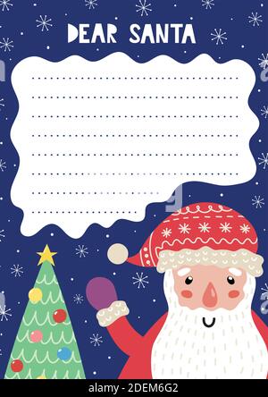 Brief an den Weihnachtsmann Vorlage mit einem lustigen Wintercharakter und einem Baum. Weihnachten Wunschliste A4 Stock Vektor
