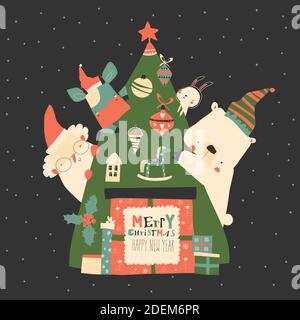 Niedliche Tiere sitzen um Weihnachtsbaum mit Weihnachtsmann Stock Vektor