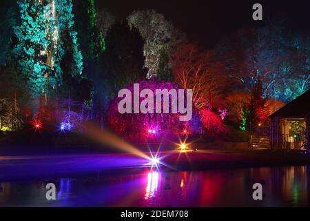 Jellicoe Canal, Glow 2020, RHS Garden Wisley, Woking, Surrey, England, Großbritannien, Großbritannien, Europa Stockfoto