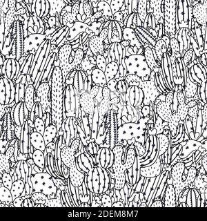 Cactuses schwarz-weiß nahtlose Muster für Malbuch. Sukkulente Malseite Stock Vektor