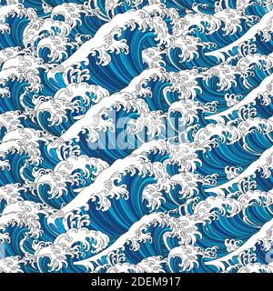 Große Welle Japan Kanagawa Ozean nahtlose Muster Hintergrund und Tapete Vektor Illustration. Linienkunst. Stock Vektor