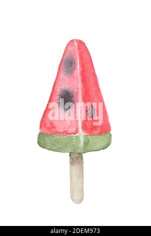 Fruchteis Wassermelone. Aquarell handbemalter Popsicle auf Stick. Stockfoto