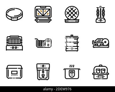 Satz schwarzer Vektorsymbole, isoliert vor weißem Hintergrund. Illustration zu einem Thema Küchengeräte Stock Vektor