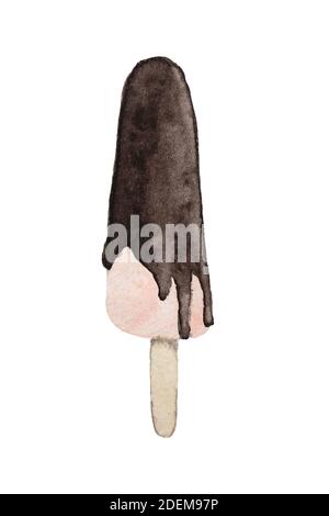Aquarell Malerei schokoladenbeschichtete Eis auf Stick. Vanille Eis handgezeichnete Süßigkeiten Illustration. Stockfoto