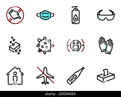 Satz schwarzer Vektorsymbole, isoliert vor weißem Hintergrund. Illustration zu einem Thema wichtige präventive Lösungen und Einschränkungen während einer Pandemie Stock Vektor
